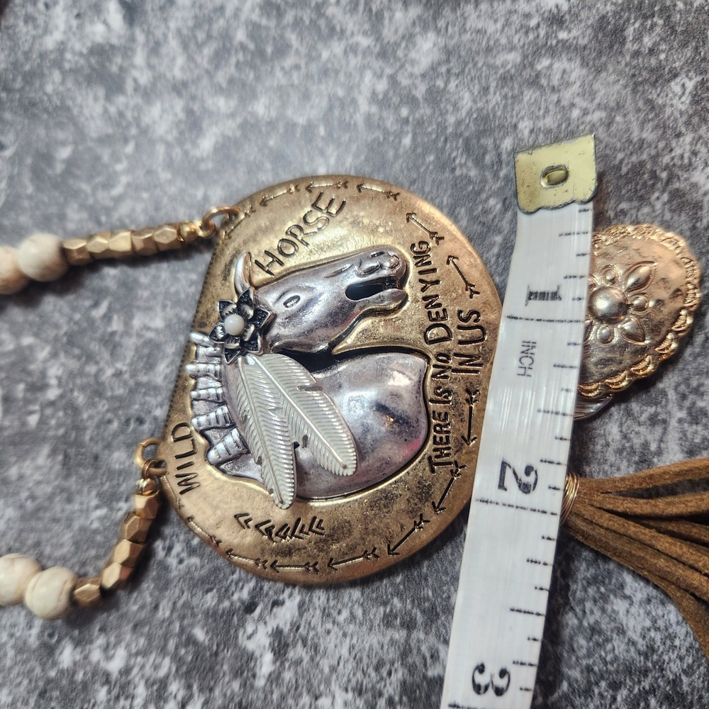 Wild Horse Statement Necklace Mixed Metal Shield Tassel Western Boho Jewelry - Picture 7 of 13